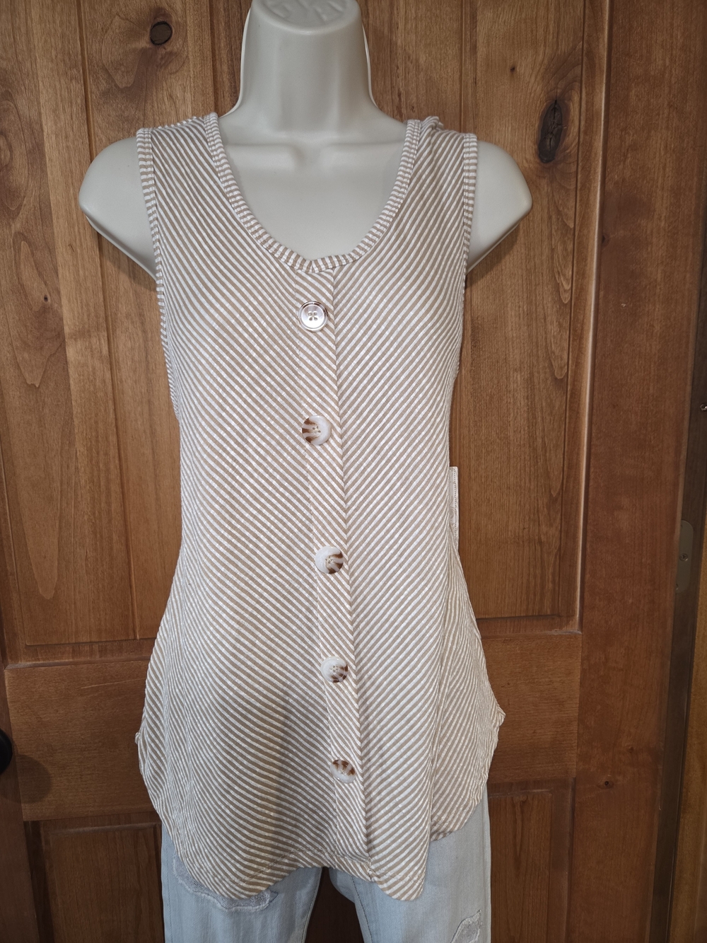 French Laundry Sleeveless Striped Button Detail Tank Top in Beige